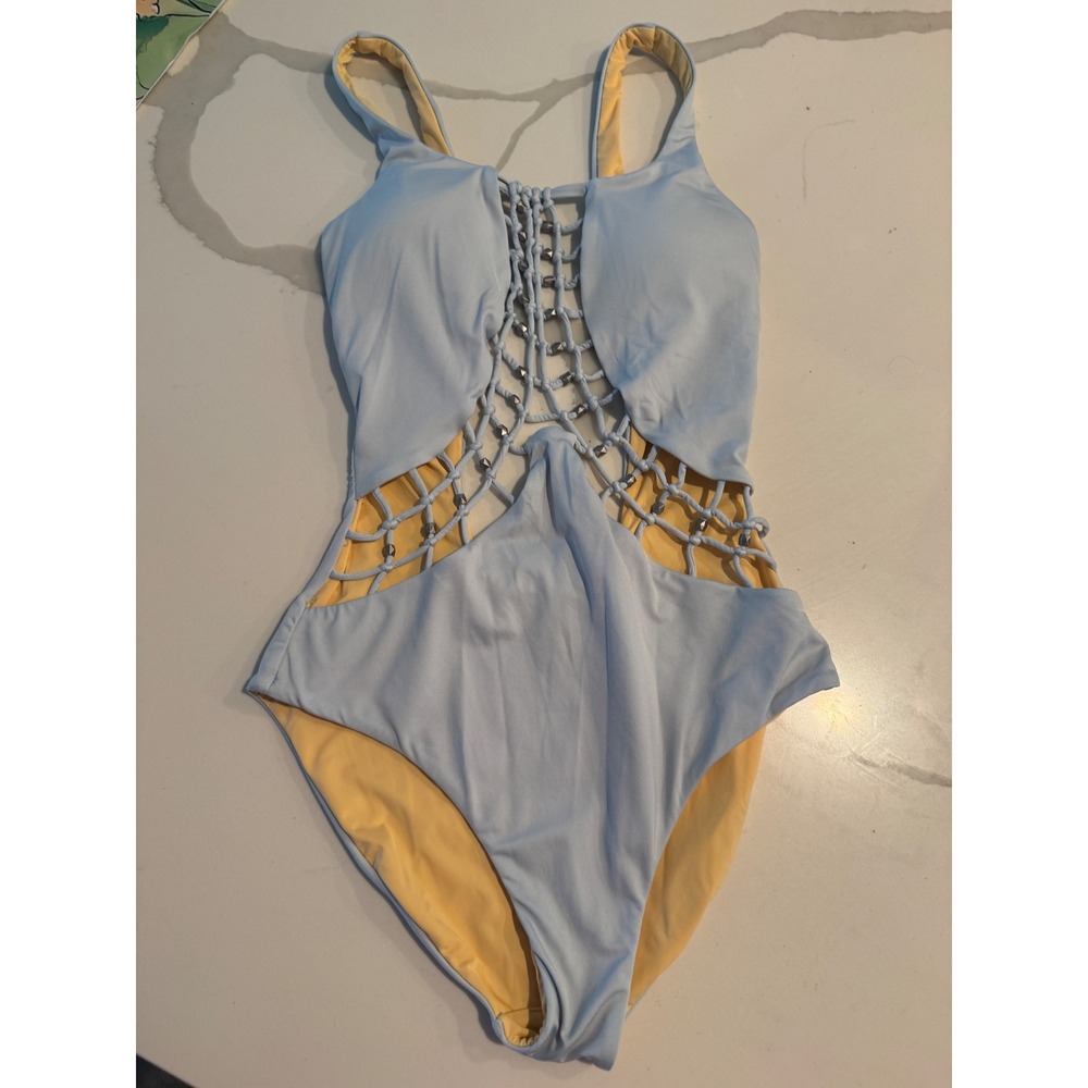 Dolce Vita Womens Studded Macrame Cutout One Piece Swimsuit Lt Blue Small